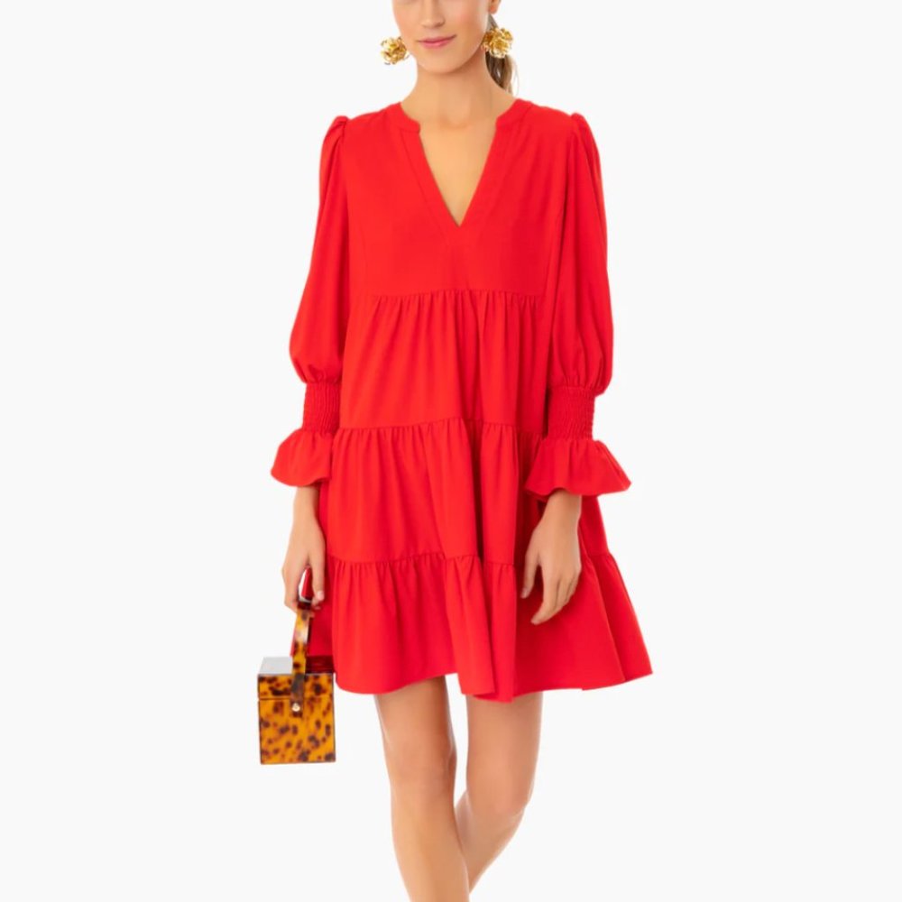 Pomander Place Red Tiered V-Neck Long-Sleeve Mini Dress